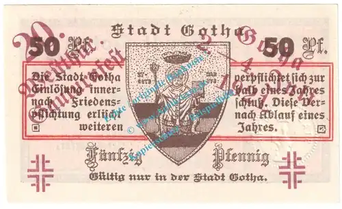 Gotha , Notgeld 50 Pfennig Nr.1 -Gauturnfest- in kfr. M-G 456.3.a , Thüringen 1921 Seriennotgeld