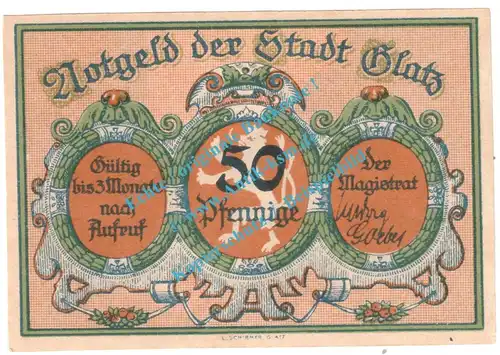 Glatz , Notgeld 50 Pfennig Nr.1 -hellgrün- in kfr. M-G 431.4 , Schlesien o.D. Seriennotgeld