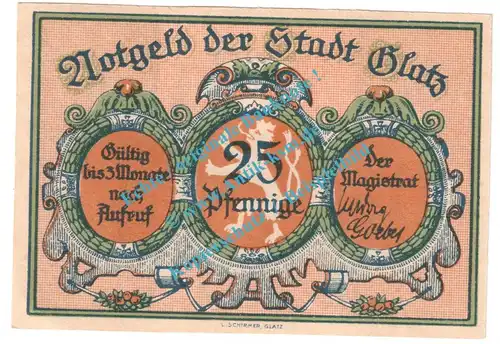 Glatz , Notgeld 25 Pfennig Nr.2 -graublau- in kfr. M-G 431.1 , Schlesien o.D. Seriennotgeld