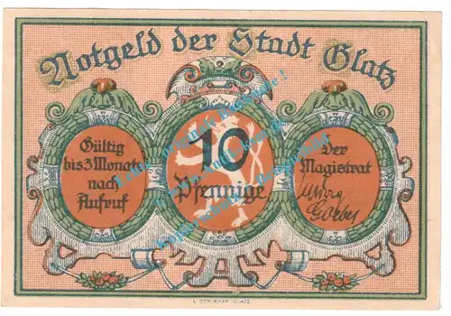 Glatz , Notgeld 10 Pfennig Nr.3 -gelbbraun- in kfr. M-G 431.3 , Schlesien o.D. Seriennotgeld