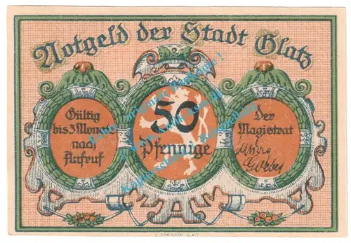 Glatz , Notgeld 50 Pfennig Nr.4 -rot- in kfr. M-G 431.2 , Schlesien o.D. Seriennotgeld