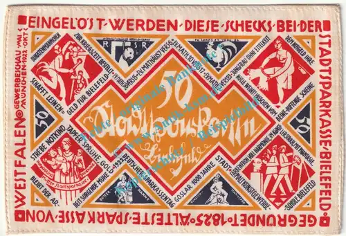 Bielefeld , Notgeld 50 Mark Nr.3 -Seide- in kfr. M-G 103.15.d , Westfalen 1922 Seriennotgeld