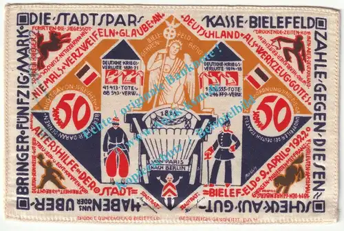 Bielefeld , Notgeld 50 Mark Nr.5 -Seide- in kfr. M-G 103.15.c , Westfalen 1922 Seriennotgeld