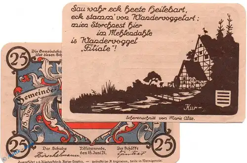 Notgeld Nöschenrode , blau , 25 Pfennig Schein Nr 2 in kfr. Mehl Grabowski 980.9 , von 1921 , Sachsen Anhalt Seriennotgeld