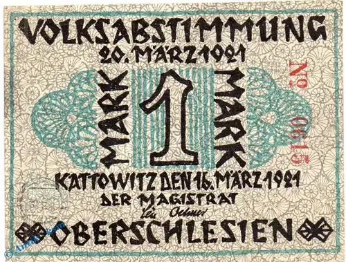 Notgeld Kattowitz , 1 Mark Schein in kfr. Mehl Grabowski 681.1 a , von 1921 , Oberschlesien Seriennotgeld