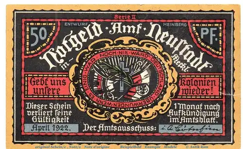 Notgeld Amt Neustadt , 961.2 , 50 Pfennig Schein Samoa , von 1922 , Mecklenburg Vorpommern Seriennotgeld