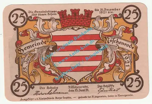 Nöschenrode , Notgeld 25 Pfennig Nr.2 -gelb- in kfr. M-G 980.8 , Sachsen Anhalt 1921 Seriennotgeld