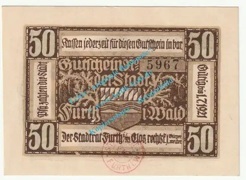 Furth i.W. Notgeld 50 Pfennig -84x60- in kfr. Tieste 2095.05.25 , Bayern 1920 Verkehrsausgabe