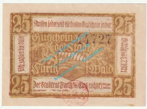 Furth i.W. Notgeld 25 Pfennig Schein in kfr. Tieste 2095.05.05 , Bayern 1920 Verkehrsausgabe