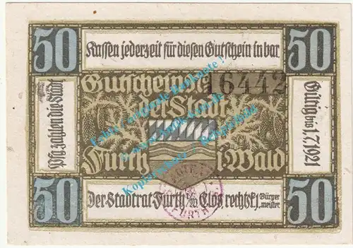 Furth i.W. Notgeld 50 Pfennig Schein in kfr. Tieste 2095.05.16 , Bayern 1920 Verkehrsausgabe
