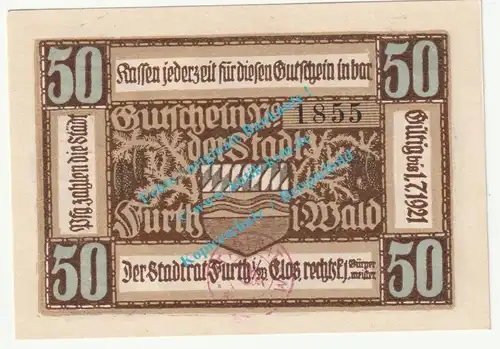 Furth i.W. Notgeld 50 Pfennig Schein in kfr. Tieste 2095.05.20 , Bayern 1920 Verkehrsausgabe