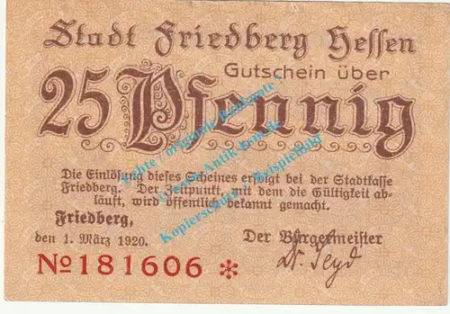 Friedberg , Notgeld 25 Pfennig Schein in kfr. Tieste 1995.05.10 , Hessen 1920 Verkehrsausgabe