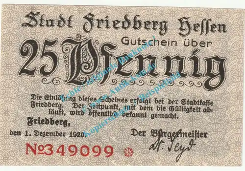 Friedberg , Notgeld 25 Pfennig Schein in kfr. Tieste 1995.05.15 , Hessen 1920 Verkehrsausgabe