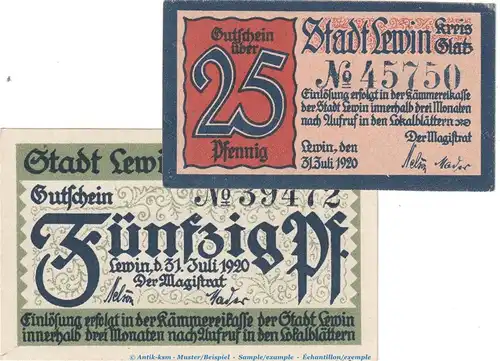 Lewin Notgeld , Tieste 4030.05.30-31 Set mit 2 Scheinen in kfr. von 1920 , Schlesien Verkehrsausgabe
