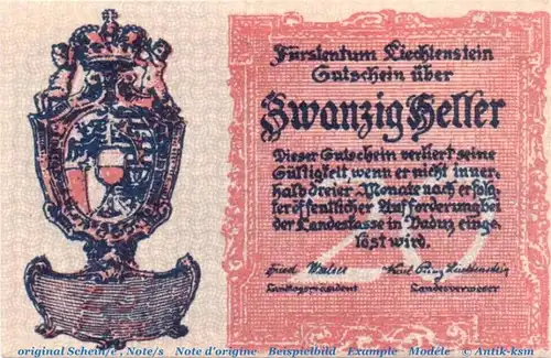 Notgeld Fürstentum Liechtenstein 522 , 20 Heller Schein in kfr. o.D. Notgeld Liechtenstein