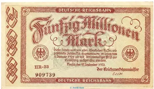 Banknote Reichsbahn , 50 Millionen Mark Schein in kfr. RVM-6 , S.1016 , von 1923 , deutsche Reichsbahn - Inflation