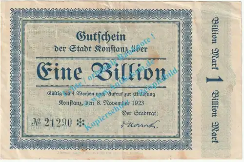 Konstanz , Banknote 1 Billion Mark Schein in gbr. Keller 2796.t , Baden 1923 Grossnotgeld - Inflation