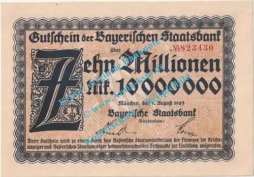 München , Banknote 10 Millionen Mark Schein in kfr. Keller 3657.d , Bayern 1923 Grossnotgeld - Inflation