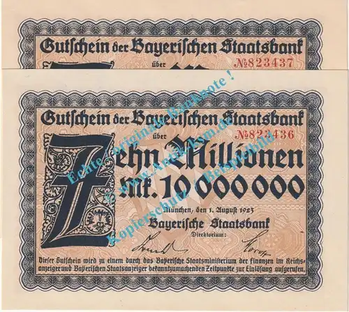 München , Banknoten 2 x 10 Millionen Mark -KN fortlaufend- in kfr. Keller 3657.d , Bayern 1923 Grossnotgeld - Inflation