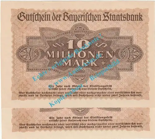 München , Banknoten 2 x 10 Millionen Mark -KN fortlaufend- in kfr. Keller 3657.d , Bayern 1923 Grossnotgeld - Inflation