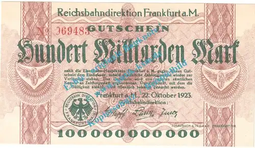 Frankfurt , Notgeld 100 Milliarden Mark Schein in kfr. Keller 1555.f , Hessen 1923 Grossnotgeld Inflation