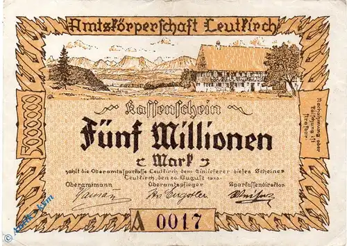 Notgeld Leutkirch , Amtskörperschaft , 5 Millionen Mark Schein gbr , Keller 3241.a , 20.08.1923 , Württemberg Großnotgeld
