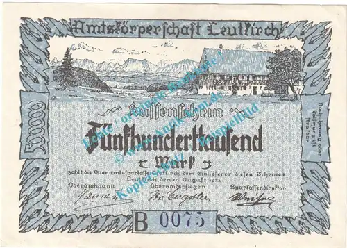 Leutkirch , Notgeld 500.000 Mark Schein in kfr. Keller 3241.b , Württemberg 1923 Grossnotgeld Inflation