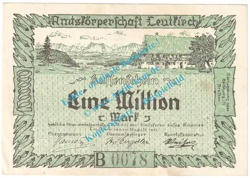 Leutkirch , Notgeld 1 Million Mark Schein in gbr. Keller 3241.b , Württemberg 1923 Grossnotgeld Inflation