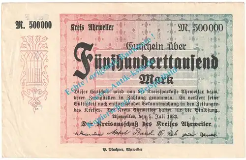 Ahrweiler , Notgeld 500.000 Mark -klein- in gbr. Keller 28.a , Rheinland 1923 Grossnotgeld Inflation