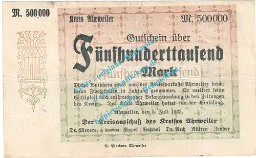 Ahrweiler , Notgeld 500.000 Mark -RS groß- in gbr. Keller 28.a , Rheinland 1923 Grossnotgeld Inflation