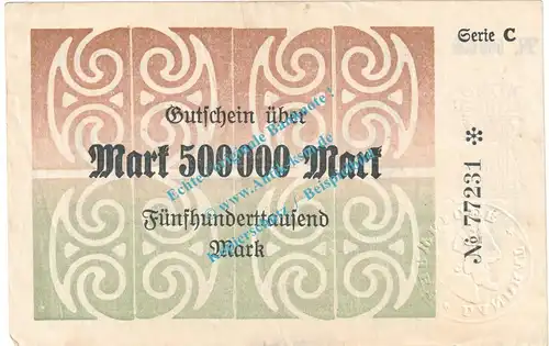 Ahrweiler , Notgeld 500.000 Mark -RS groß- in gbr. Keller 28.a , Rheinland 1923 Grossnotgeld Inflation