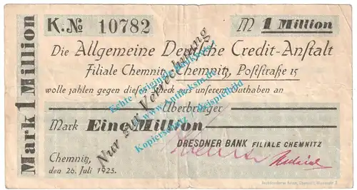 Chemnitz , Banknote 1 Million Mark Schein in gbr. Keller 751.a , Sachsen 1923 Grossnotgeld Inflation