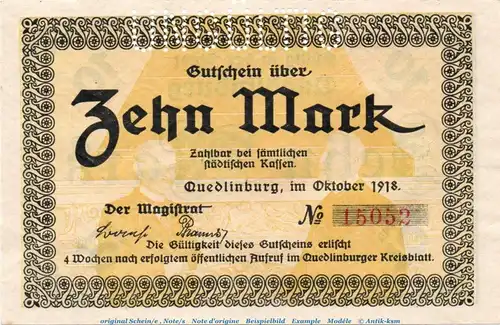 Banknote Stadt Quedlinburg , 10 Mark Schein in kfr.E Geiger 430.02 , von 1918 , Sachsen Anhalt Großnotgeld