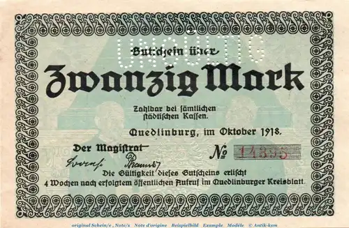 Banknote Stadt Quedlinburg , 20 Mark Schein in kfr.E Geiger 430.03 , von 1918 , Sachsen Anhalt Großnotgeld
