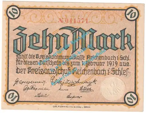 Reichenbach , 10 Mark Notgeld Schein in kfr. Geiger 441.02 , Schlesien o.D. Grossnotgeld