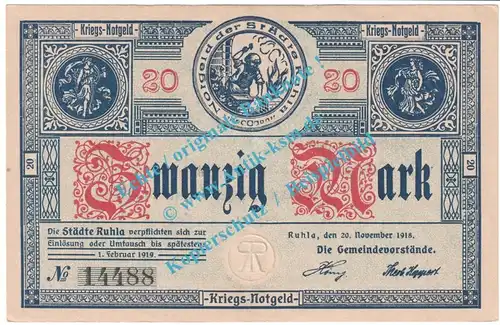 Ruhla , 20 Mark Notgeld Schein in f-kfr. Geiger 458.02 , Thüringen 1918 Grossnotgeld