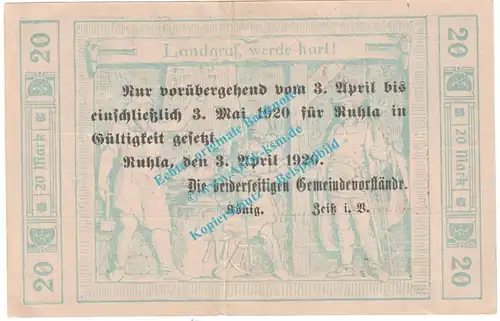 Ruhla , 20 Mark Notgeld Schein in f-kfr. Geiger 458.02 , Thüringen 1918 Grossnotgeld