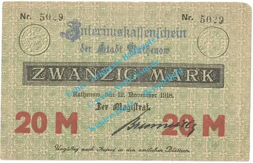 Rathenow , Banknote 20 Mark Schein -1 US- in kfr. Geiger 437.02.e , Brandenburg 1918 Grossnotgeld