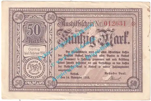 Rostock , Banknote 50 Mark Schein in gbr. Geiger 454.4.b , Mecklenburg 1918 Grossnotgeld