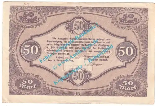 Rostock , Banknote 50 Mark Schein in gbr. Geiger 454.4.b , Mecklenburg 1918 Grossnotgeld