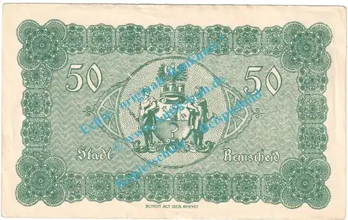 Remscheid , Banknote 50 Mark Schein in gbr. Geiger 443.3.b , Rheinland 1918 Grossnotgeld