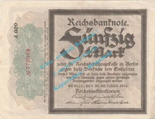 Banknote , 50 Mark Schein in gbr. DEU-44.e, Ros.56, P.64, Kaiserreich - deutsche Reichsbank -A
