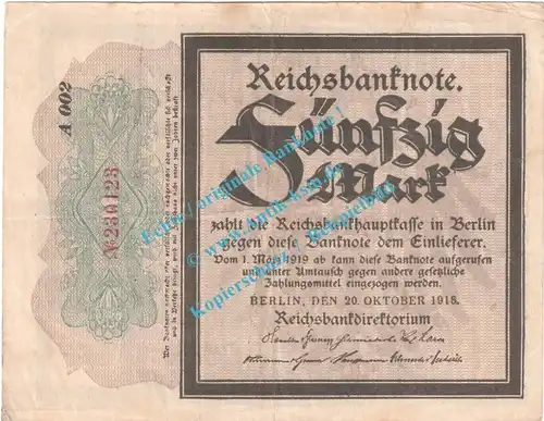Banknote , 50 Mark Schein in gbr. DEU-44.c, Ros.56, P.64, Kaiserreich - deutsche Reichsbank -A