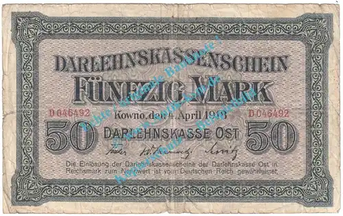 Banknote , 50 Mark Schein Kowno 1918 in gbr. EWK-45 , Kaiserreich - WW1 Russland 1916-1918