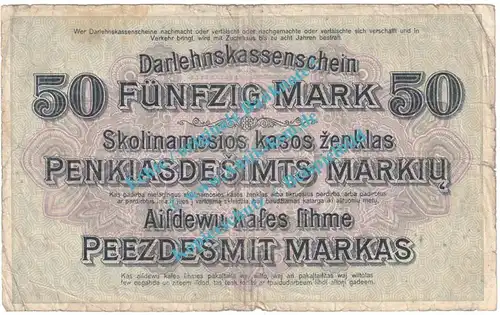 Banknote , 50 Mark Schein Kowno 1918 in gbr. EWK-45 , Kaiserreich - WW1 Russland 1916-1918