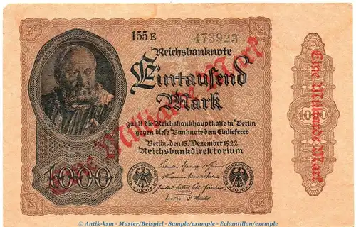 Reichsbanknote , Überdruck 1 Milliarde Mark Schein in gbr. DEU-127.b, Ros.110, P.113 , von 1922-23 , Weimarer Republik - Inflation