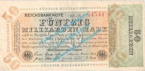 Reichsbanknote , 50 Milliarden Mark -KN 5- in gbr. DEU-142.c, Ros.117, P.120 , Weimarer Republik 1923 Inflation