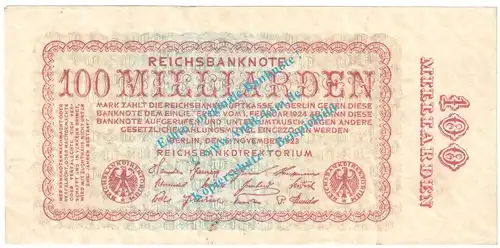 Banknote , 100 Milliarden Mark Schein in L-gbr. DEU-161.c, Ros.130, P.133 , Weimarer Republik - deutsche Reichsbank