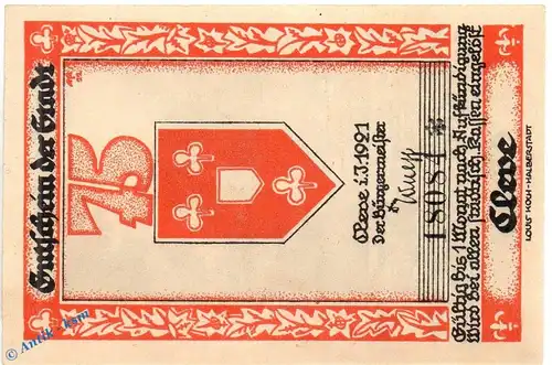 Notgeld Cleve , 75 Pfennig Schein Nr 3 in kfr. Mehl Grabowski 231.2 , von 1921 , Westfalen Seriennotgeld