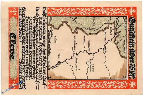 Notgeld Cleve , 75 Pfennig Schein Nr 4 in kfr. Mehl Grabowski 231.2 , von 1921 , Westfalen Seriennotgeld